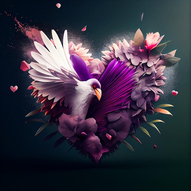 A heart with a bird on it that is made of flowers and leaves