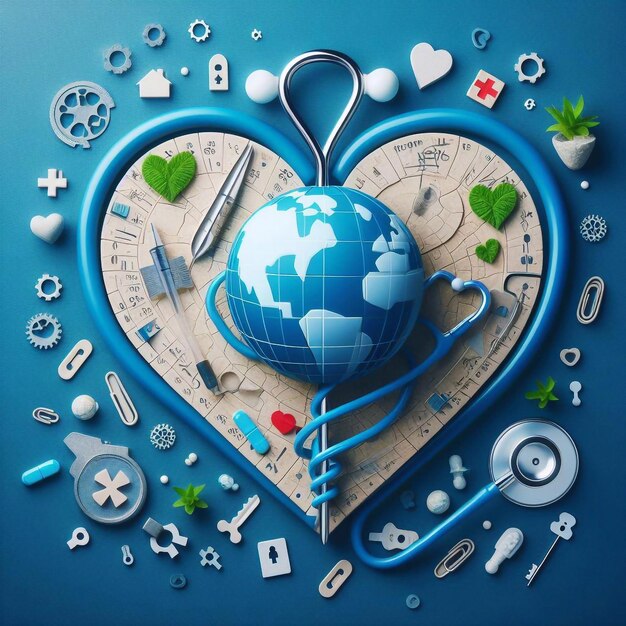 a heart with a blue background with a world map and a world map