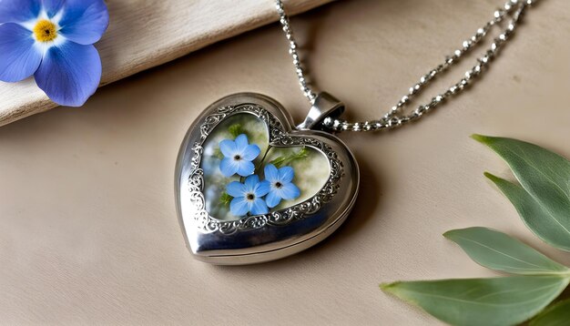 Photo a heart with a blue flower on it is on a silver chain