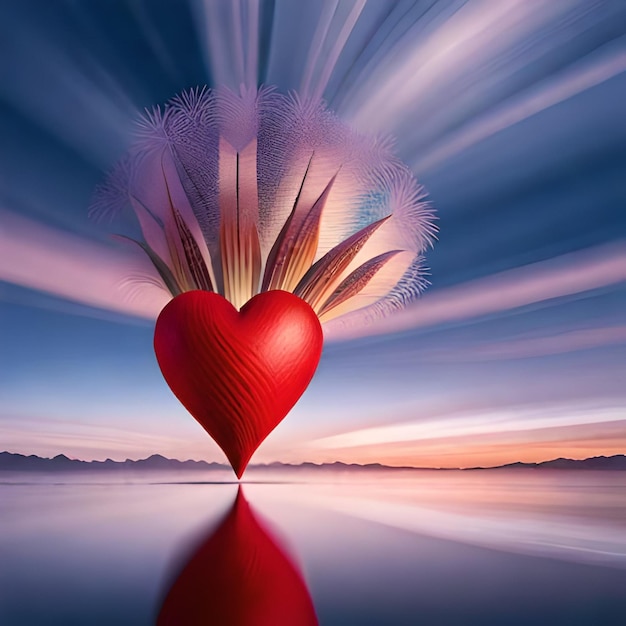 A heart with a book on it and a cityscape in the background.