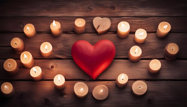 Photo a heart with candles and a heart on a wooden background