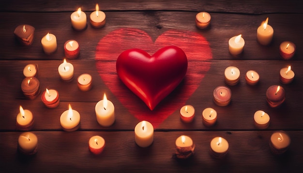 Photo a heart with candles and a heart on a wooden background