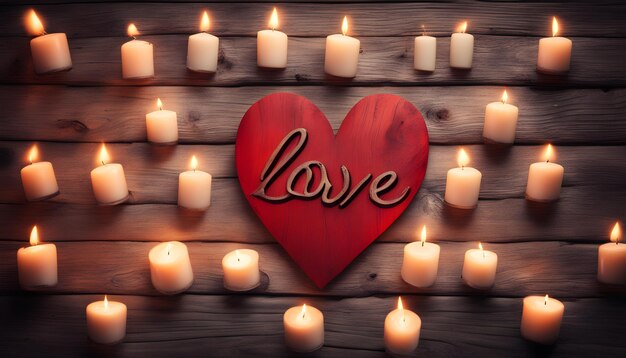 a heart with candles and a red heart on a wooden background