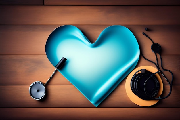 A heart with a clock and a heart on a wooden table.