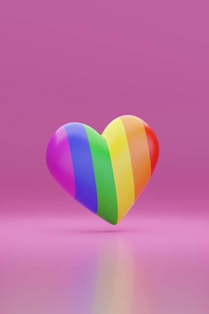 Heart with the colors of the rainbow flag on pink background 3d illustration