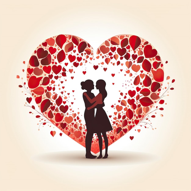Сердце с целующейся парой перед сердцем с множеством сердец