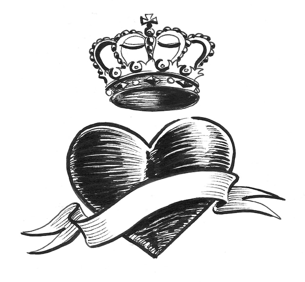 Heart with crown and banner. Ink black and white drawing