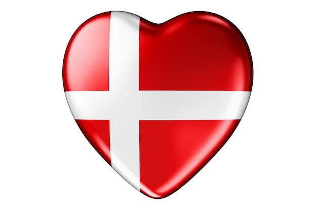 デンマーク国旗の3Dレンダリングが白い背景に隔離されたハート