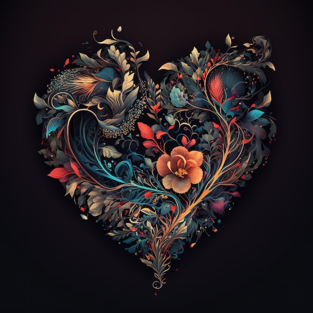 A heart with flowers and leaves on it