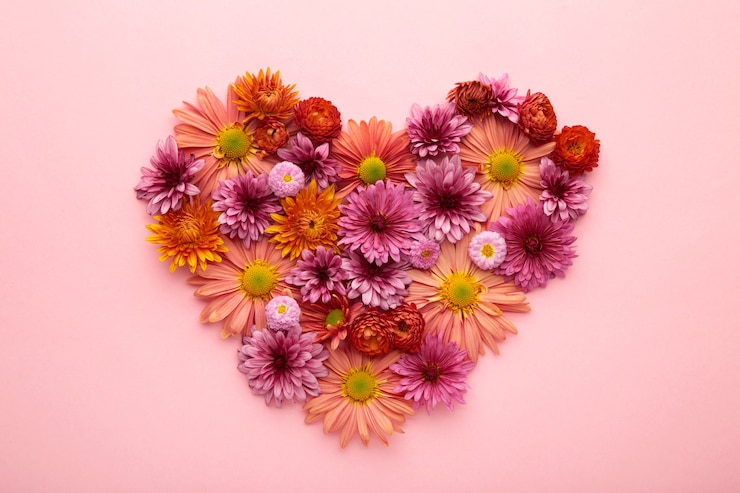 Photo heart with flowers on pink background. top view