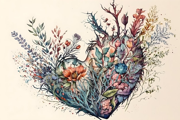 A heart with flowers and plants on it