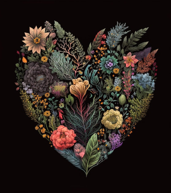 A heart with flowers and plants on it