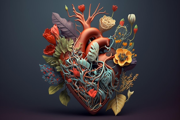 A heart with flowers and plants on it