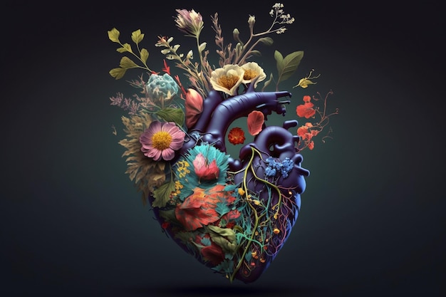 A heart with flowers and plants on it