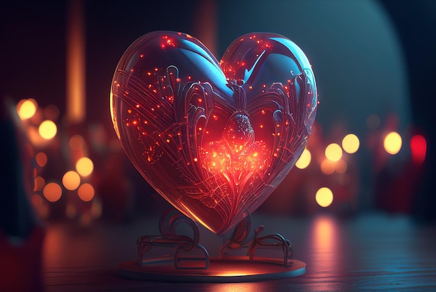 A heart with lights on it in front of a dark background