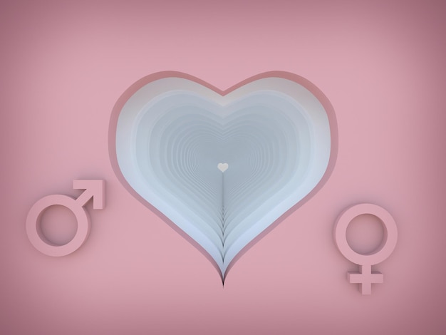 Heart with male and female symbol on pink background 3d rendering