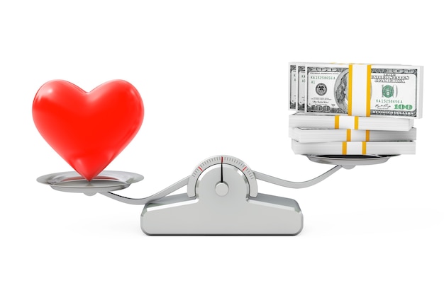 Heart with Money Balancing on a Simple Weighting Scale on a white background. 3d Rendering.