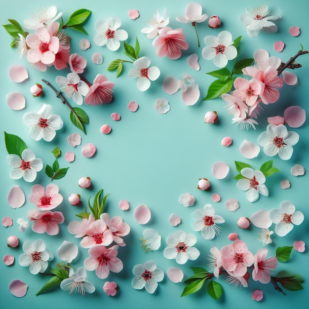 a heart with pink flowers and green leaves on a blue background