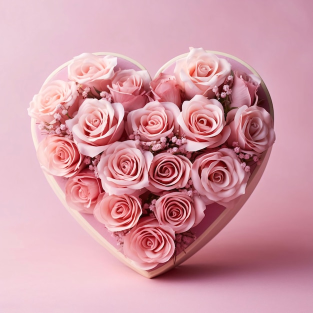 Heart with pink flowers roses light background Heart as a symbol of affection and love