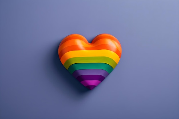 A heart with rainbow stripes on it is on a purple background