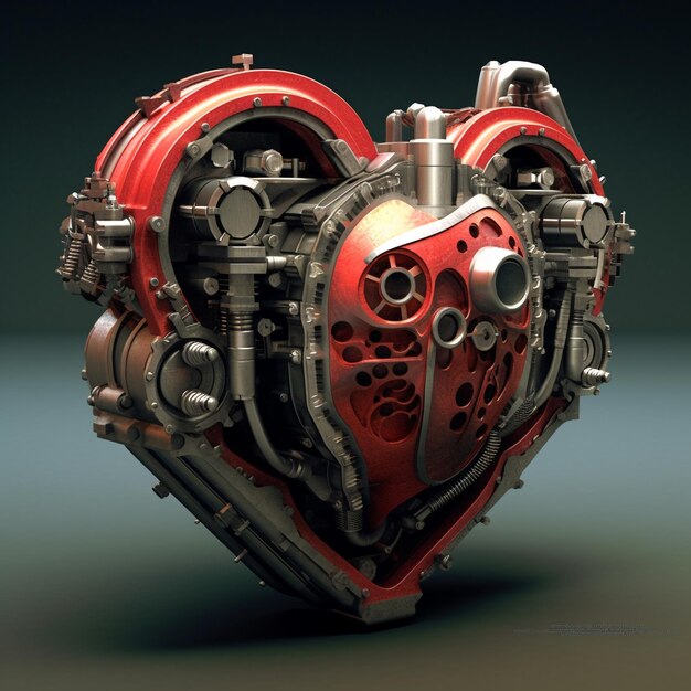 A heart with a red and black design and a bunch of gears on it.