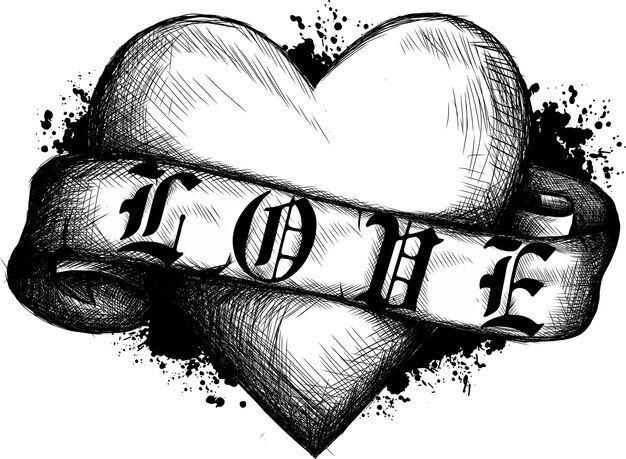 Photo heart with ribbon in tattoo style