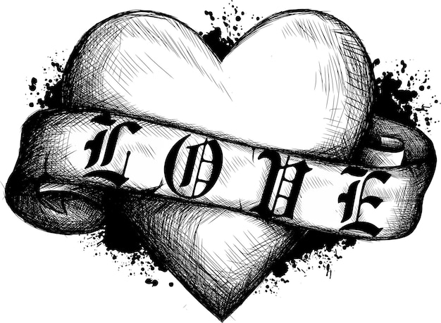 Photo heart with ribbon in tattoo style