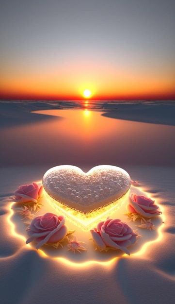 A heart with roses on it is surrounded by a sunset.