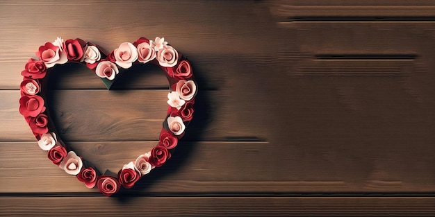 Сердце с розами на деревянном фоне