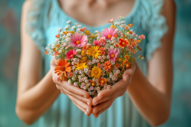 Heart with spring flowers love and emotion concept good hearted person help and charity mother day