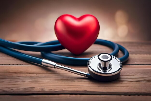 Photo a heart with a stethoscope on a wooden table