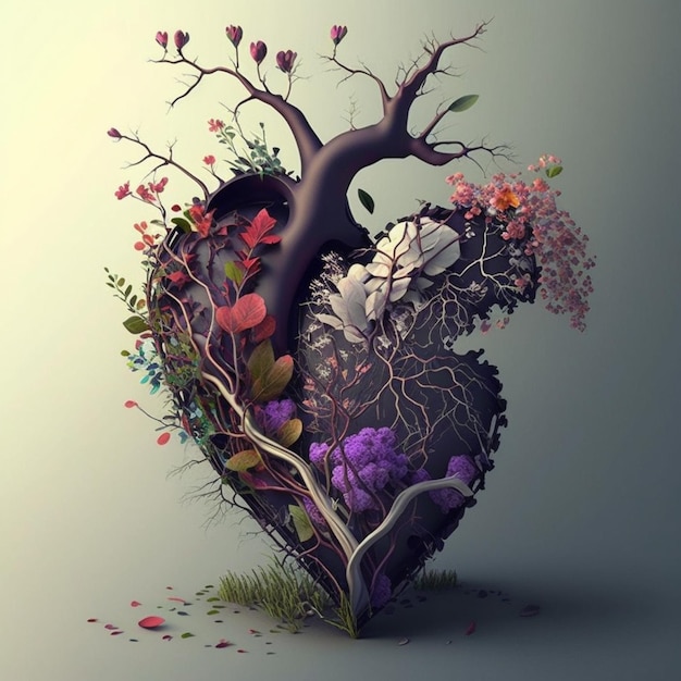 A heart with a tree inside it and a picture of a tree with flowers and leaves.