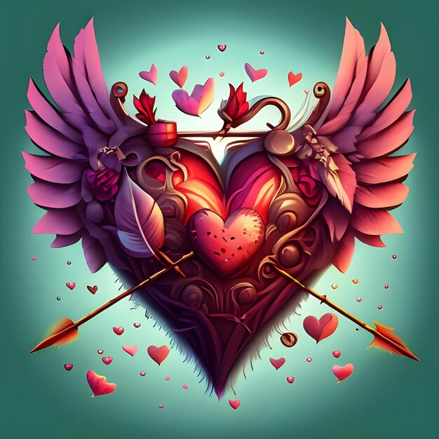 A heart with wings of feathers and arrows of roses