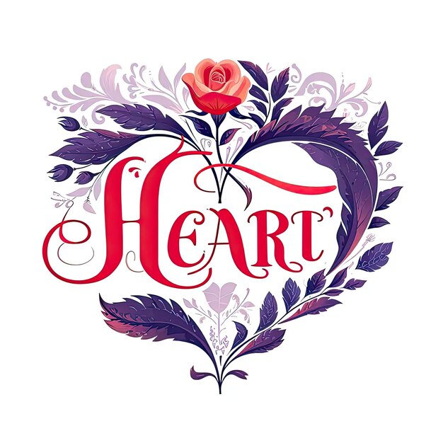 A heart with the word heart surrounded by leaves and a rose