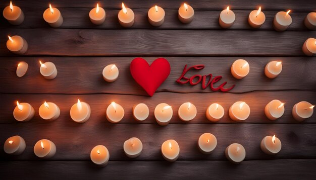 Photo a heart with the word love on a wooden background with a red heart and candles