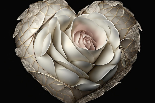 Heart wrapped in petals of white rose symbolizing love and compassion