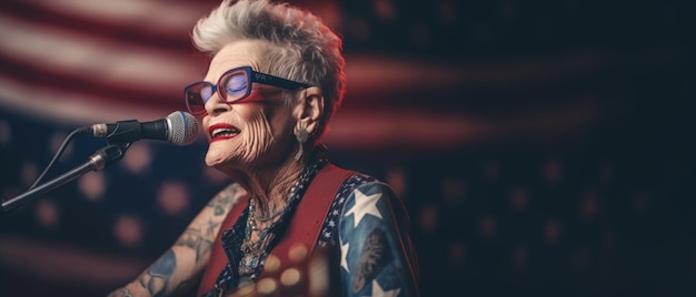 heartcore old tattooed lady singing in American flag on 4th of july