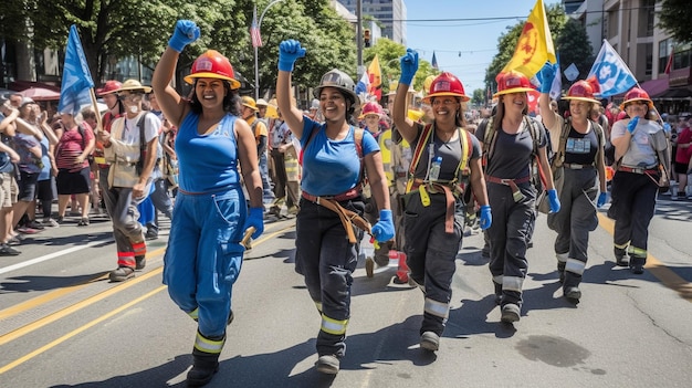 Photo a heartening scene displaying diverse workers from different professions united in a parade showca