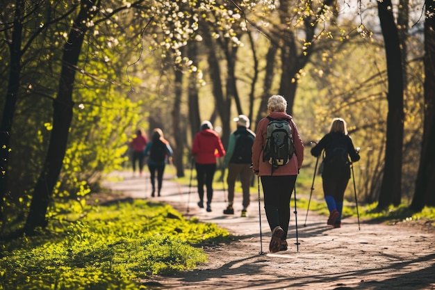 A heartening scene of a group of retirees enjoying Nordic walking in the springtime park embracing active and healthy lifestyles