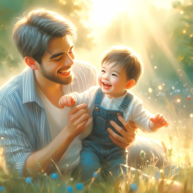Foto descrizione sincera padre e figlio godono del parco sfondo colorato illuminazione morbida