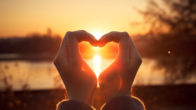 Photo heartfelt embrace hands forming a heart with a beautiful backdrop