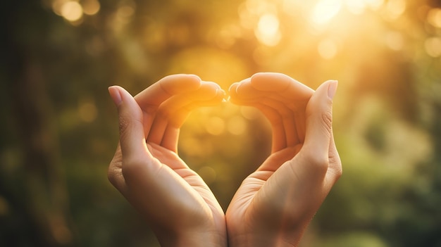 Photo heartfelt embrace hands forming a heart with a beautiful backdrop