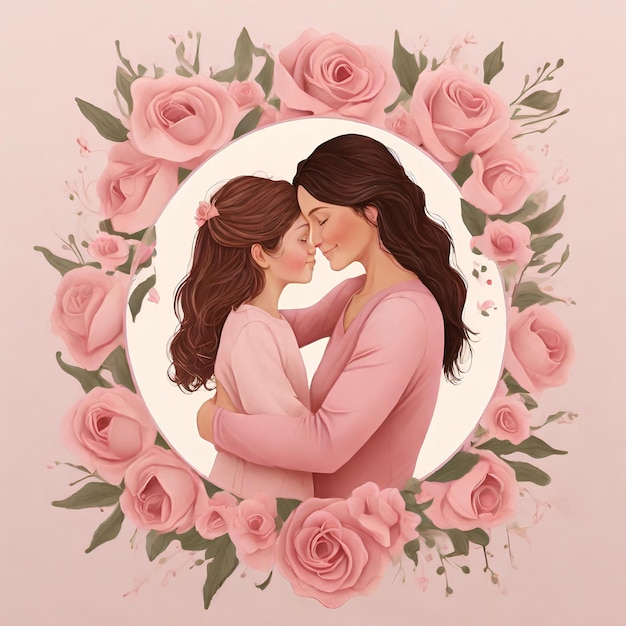 Сердечный плакат Дня матери изображает мать и дочь, держащихся за руки, окруженные мягким розовым цветом.