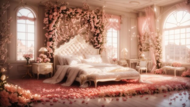 진심이 담긴 로맨스 꽃잎의 완벽함으로 장식된 침대
