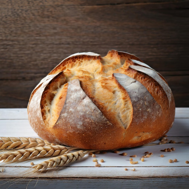 Hearthside Comfort Freshly Baked Bread and Wheat Sprigs on a Wooden Table