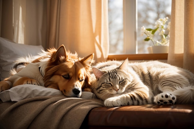 Hearthside Harmony A Duo of Dogs and Their Feline Friend Snuggling on the Sofa