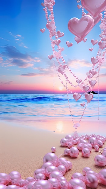 hearts on a beach with a sunset in the background