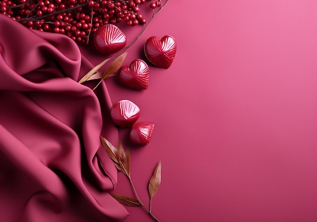 Hearts and berries on pink silk background Valentines day AI generated