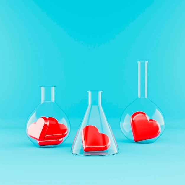 Hearts in chemical flasks Valentine's Day creative 3D rendering