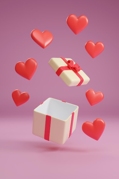 Hearts coming out of a gift box isolated on a pink background 3d illustration